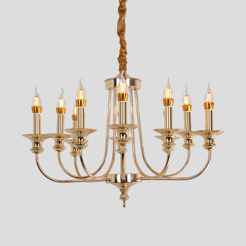 Candelabra Living Room Chandelier Light Fixture Colonialist Metal 10 Lights Gold Drop Pendant with Curvy Arm