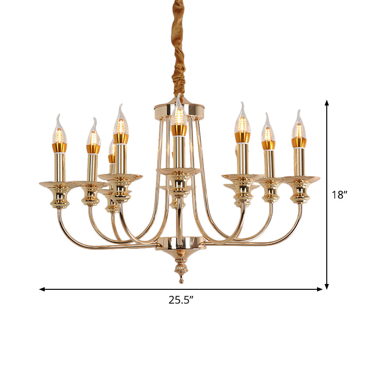 Candelabra Living Room Chandelier Light Fixture Colonialist Metal 10 Lights Gold Drop Pendant with Curvy Arm