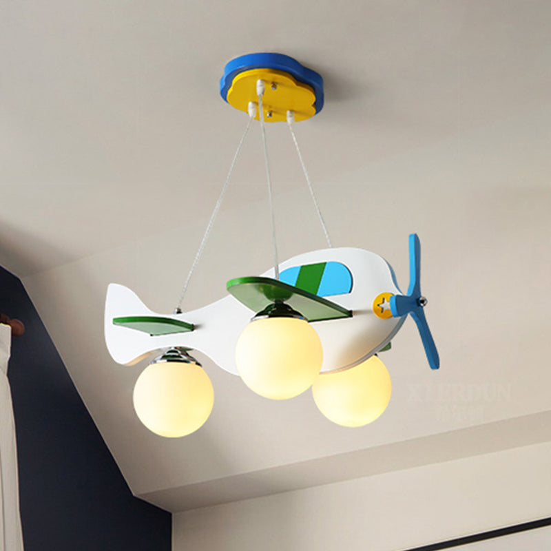 Blue Plane Suspension Lighting Kids 3 Bulbs Ivory Glass Multi Light Pendant for Children Bedroom