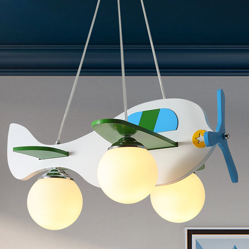 Kids Airplane Suspended Lighting Fixture Frosted Glass 3-Bulb Nursery Cluster Pendant Light in White/Red