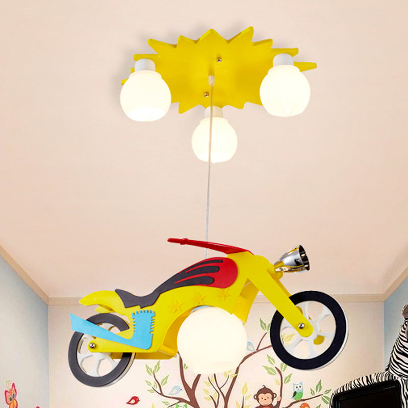 Kids 4 Lights Cluster Pendant Lamp Yellow Motorbike Ceiling Hang Fixture with White Glass Shade