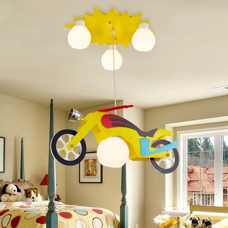 Kids 4 Lights Cluster Pendant Lamp Yellow Motorbike Ceiling Hang Fixture with White Glass Shade