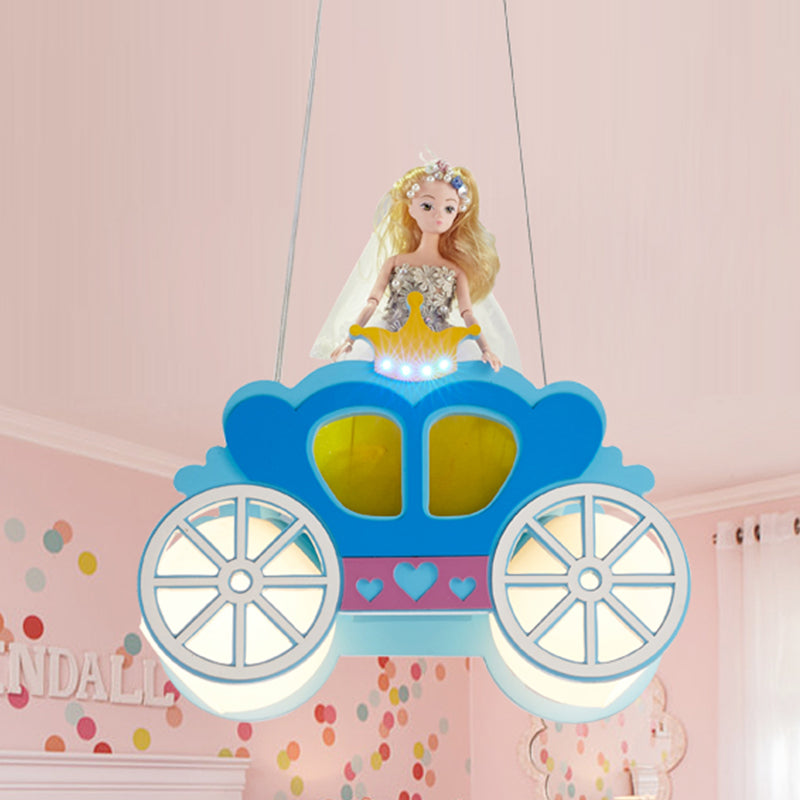 Princess Carriage Ceiling Lamp Kids Frosted Glass 2 Lights Blue Multi Light Pendant for Bedroom