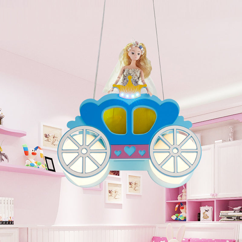 Princess Carriage Ceiling Lamp Kids Frosted Glass 2 Lights Blue Multi Light Pendant for Bedroom