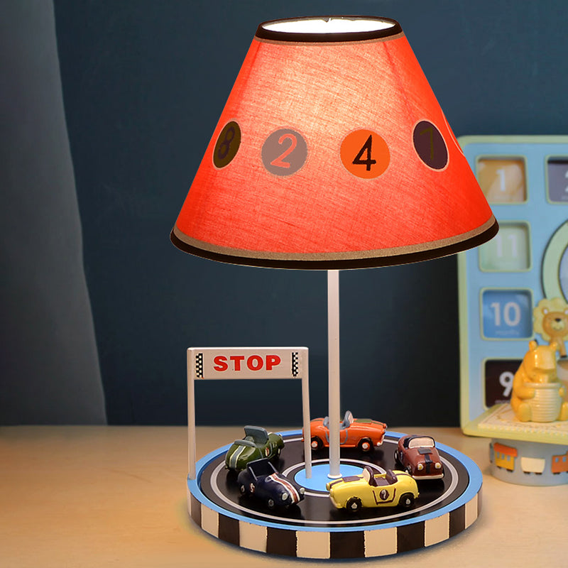 Kids Tapered Fabric Table Light 1-Bulb Nightstand Lighting in Red with Racing Vehicle Decor