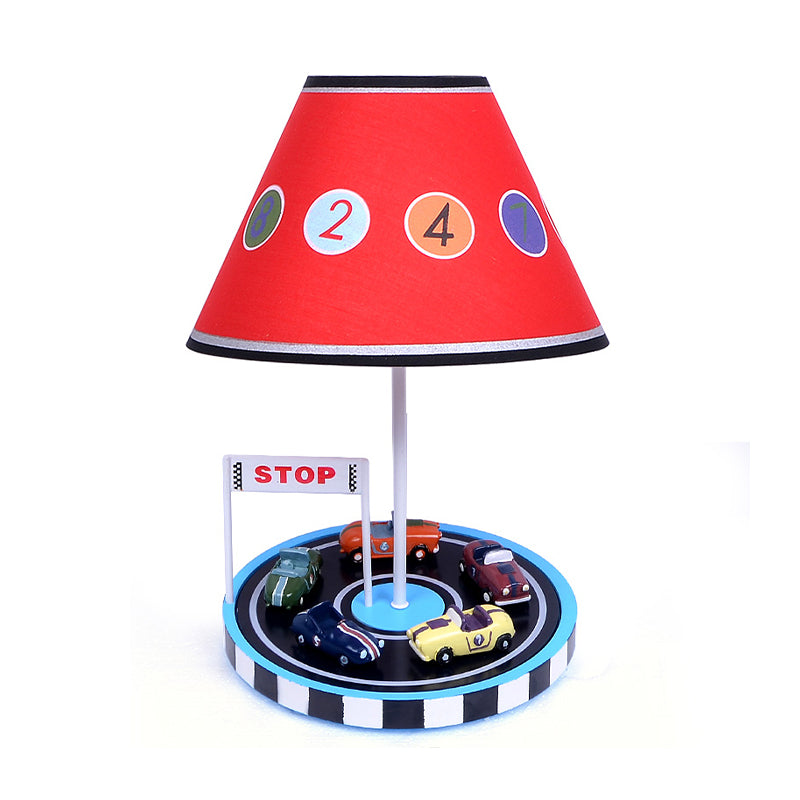 Kids Tapered Fabric Table Light 1-Bulb Nightstand Lighting in Red with Racing Vehicle Decor