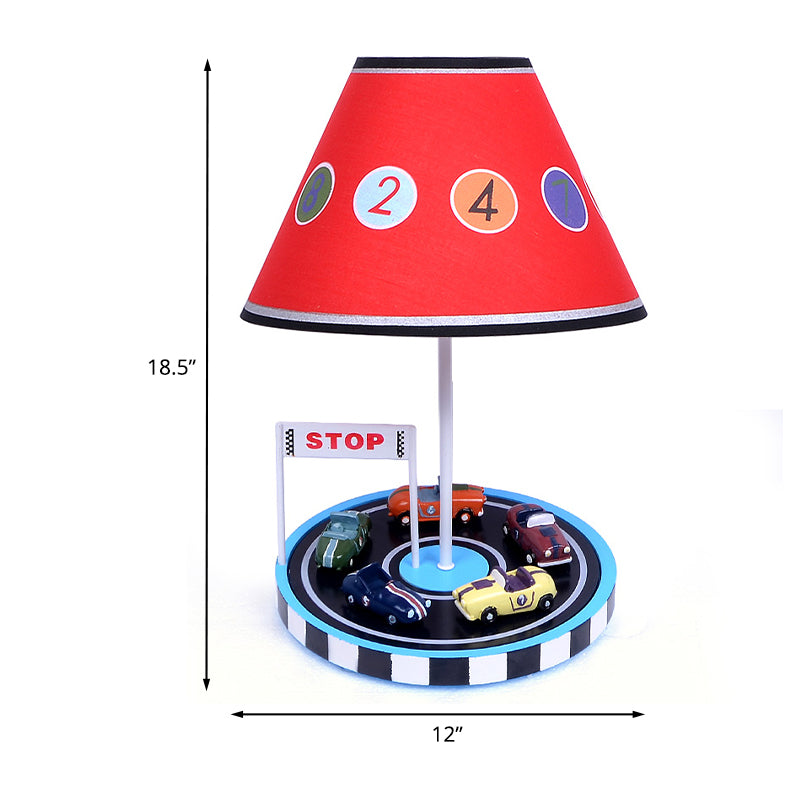 Kids Tapered Fabric Table Light 1-Bulb Nightstand Lighting in Red with Racing Vehicle Decor