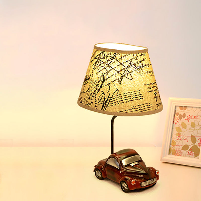 Barrel Night Table Lamp Kids Fabric 1-Light Bedroom Nightstand Light in Beige with Car Base