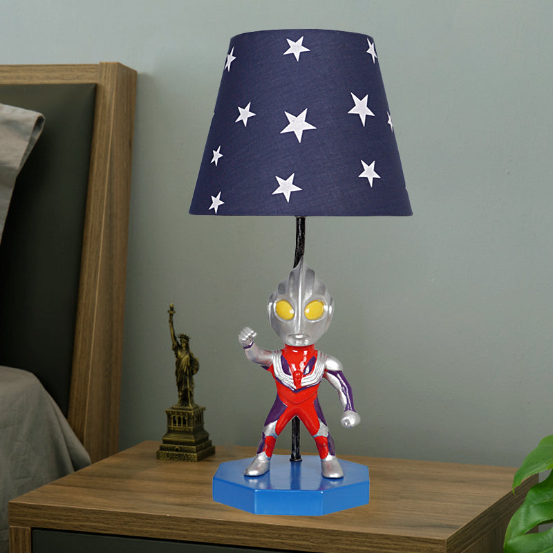 Blue Barrel/Trapezoid Table Lamp Kids 1 Head Fabric Nightstand Lighting with Ultraman Decoration