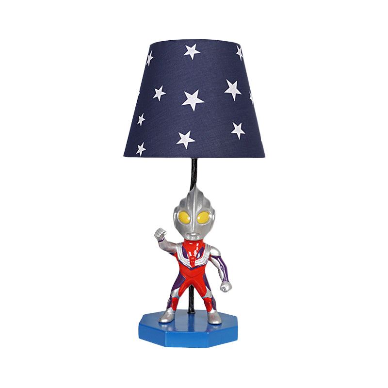 Blue Barrel/Trapezoid Table Lamp Kids 1 Head Fabric Nightstand Lighting with Ultraman Decoration