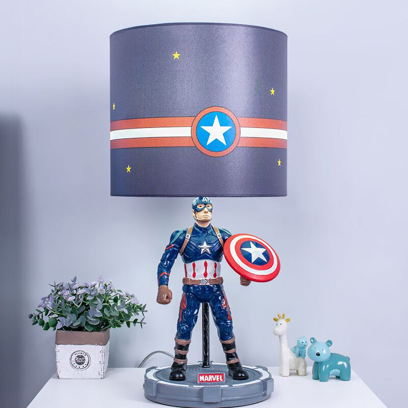 Cylinder Bedroom Night Table Lighting Fabric 1 Light Kids Nightstand Light in Blue with Cartoon Character