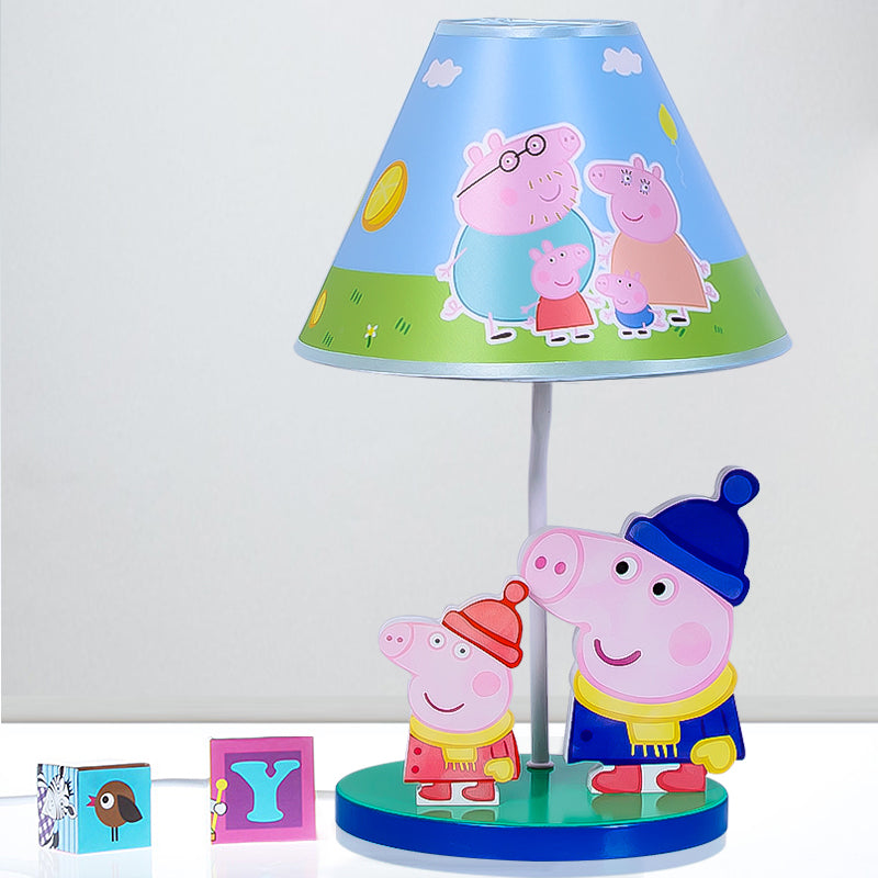 Blue Umbrella Desk Light Kids 1 Head Fabric Shade Night Table Lighting with Cartoon Pig Decor