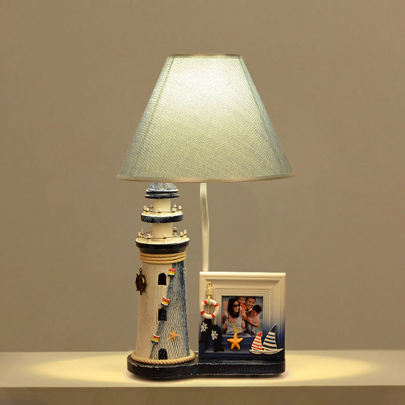 Lighthouse Wood Night Lamp Kids 1 Bulb Blue Table Light with Fabric Shade and Photo Frame