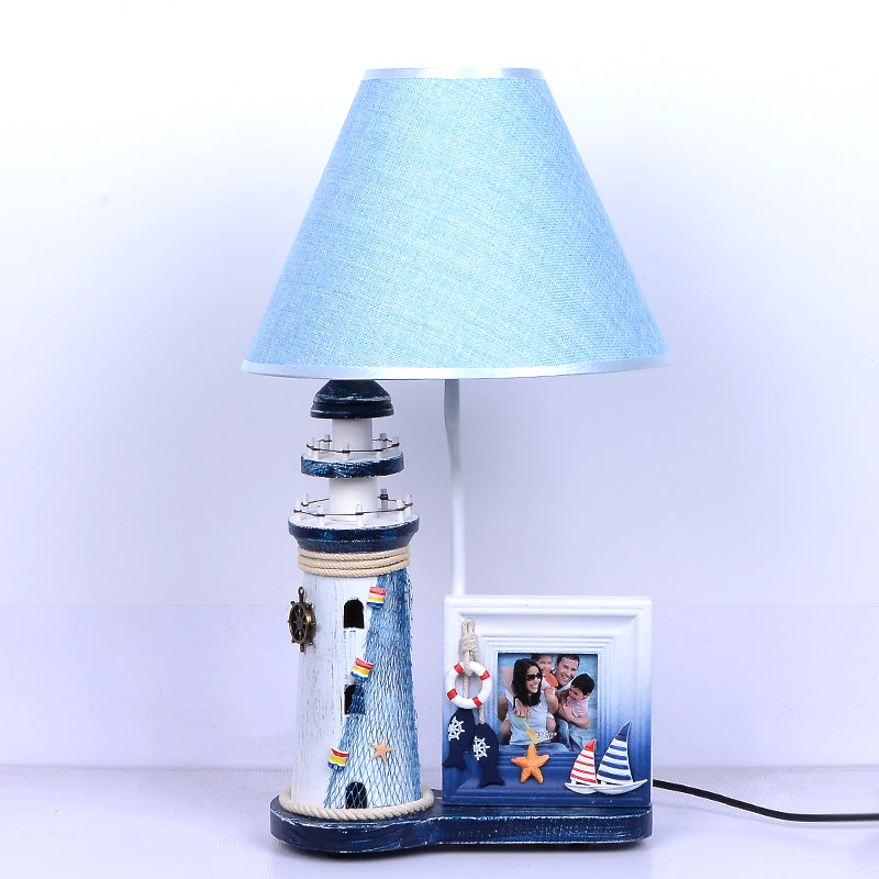 Lighthouse Wood Night Lamp Kids 1 Bulb Blue Table Light with Fabric Shade and Photo Frame