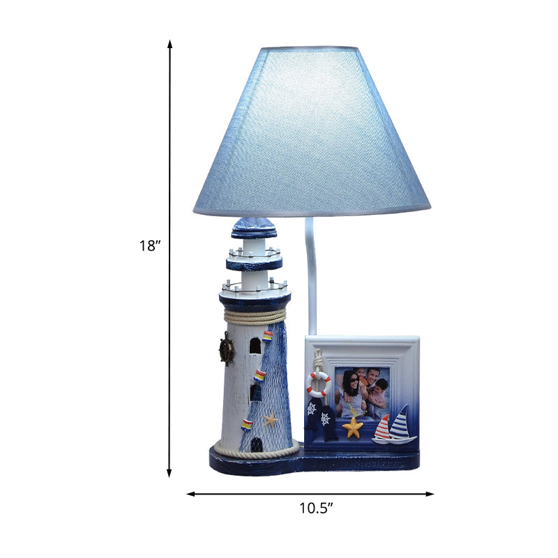 Lighthouse Wood Night Lamp Kids 1 Bulb Blue Table Light with Fabric Shade and Photo Frame