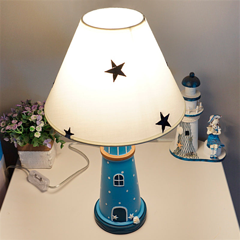 Resin Lighthouse Night Lighting Mediterranean 1 Head Blue Table Lamp with Tapered Fabric Shade