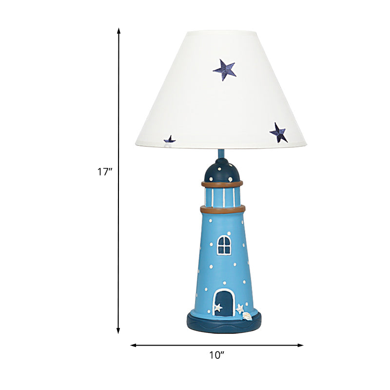 Resin Lighthouse Night Lighting Mediterranean 1 Head Blue Table Lamp with Tapered Fabric Shade