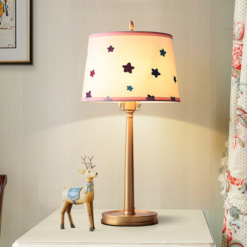 Modern Drum Fabric Table Lamp 1 Light Nightstand Lighting in Brass with Pentagram Pattern