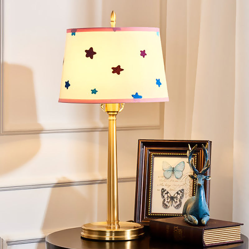 Modern Drum Fabric Table Lamp 1 Light Nightstand Lighting in Brass with Pentagram Pattern