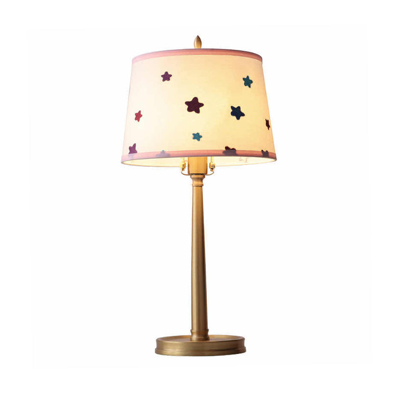 Modern Drum Fabric Table Lamp 1 Light Nightstand Lighting in Brass with Pentagram Pattern