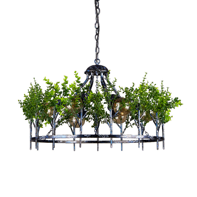 Nickel 6 Heads Chandelier Lamp Industrial Iron Circular Hanging Light Fixture with Plant Decor