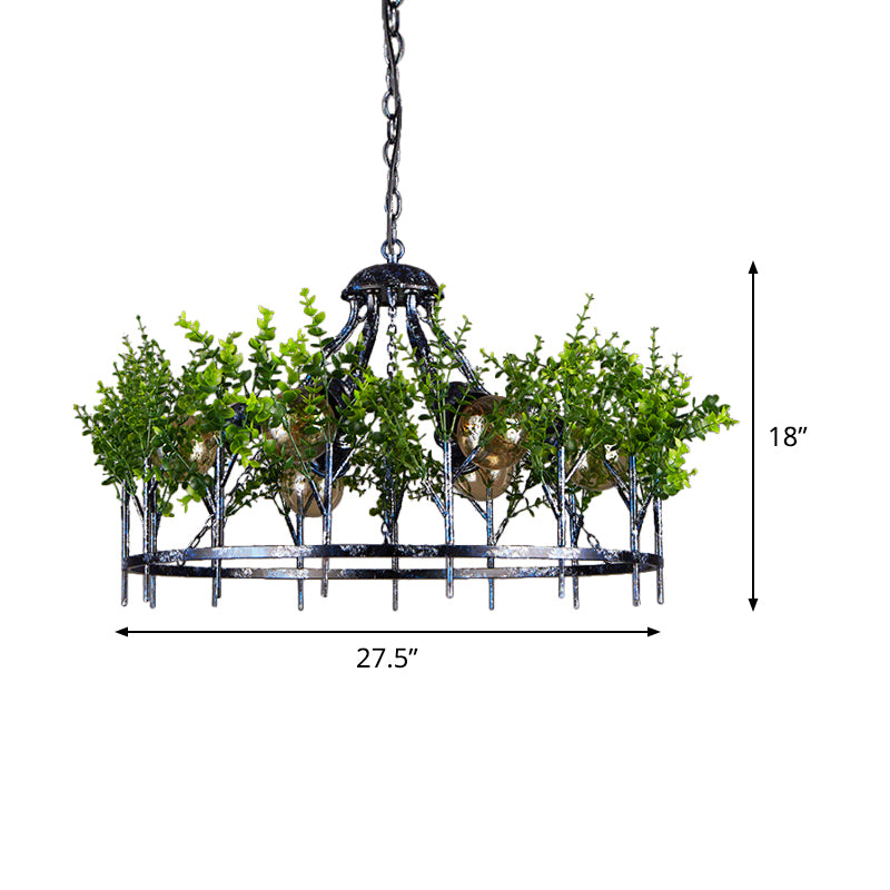 Nickel 6 Heads Chandelier Lamp Industrial Iron Circular Hanging Light Fixture with Plant Decor