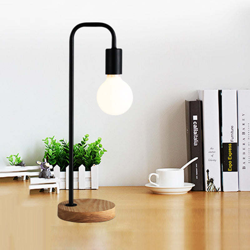 Industrial Bulb Shaped Night Light 1 Head Iron Table Lamp in Black with Wooden Base for Bedroom