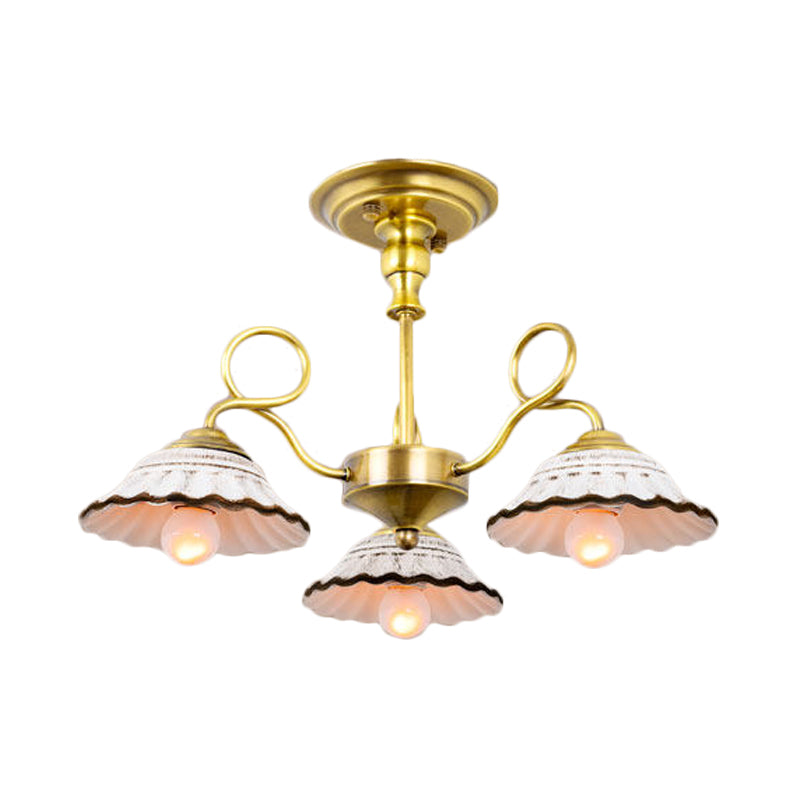 3/6 Heads Flared Chandelier Lamp Traditional Gold Ceramic Pendant Lighting Fixture with Swirl Arm