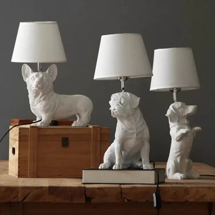 Dog Study Room Table Light with Fabric Shade Resin Single Bulb Modern Table Lamp in White