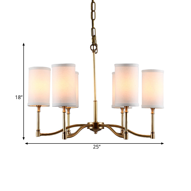 Gold Tubular Pendant Chandelier Colonial Style Fabric 6/9-Bulb Down Lighting with Twisted Arm for Living Room