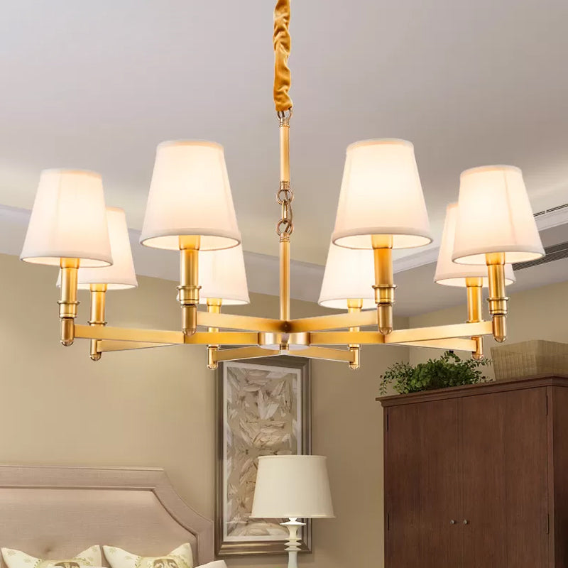 Metal Gold Chandelier Lighting Conical 6/8-Light Countryside Suspension Pendant with Fabric Shade for Living Room