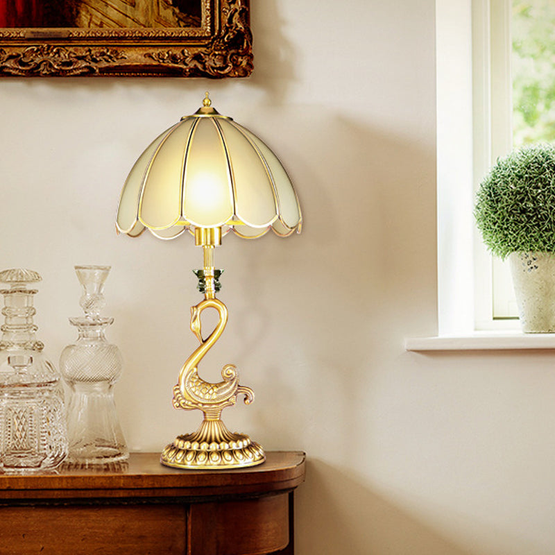 Scalloped Living Room Table Lighting Colonial Style White Glass 1 Bulb Gold Desk Light with Metal Swan Design