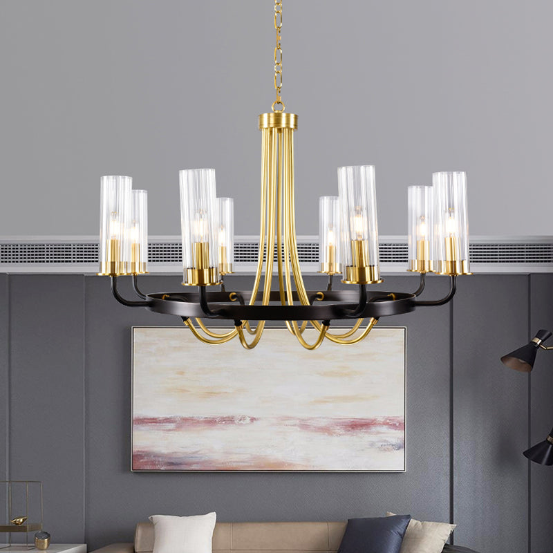 Clear Glass Tubular Ceiling Chandelier Colonial Style 6/8 Heads Bedroom Pendant Lighting Fixture in Black/Gold with Metal Ring Design