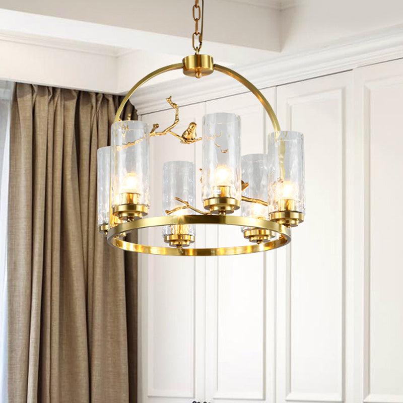 Colonial Cylinder Chandelier 6/8-Head Clear Dimpled Glass Hanging Ceiling Light for Living Room with Metal Frame