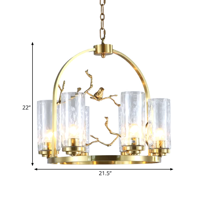 Colonial Cylinder Chandelier 6/8-Head Clear Dimpled Glass Hanging Ceiling Light for Living Room with Metal Frame