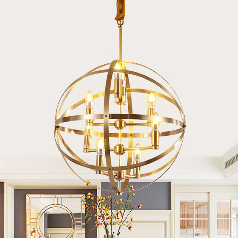 8 Bulbs Chandelier Lamp Traditional Candelabra Metallic Hanging Ceiling Light in Gold with Globe Wire Cage