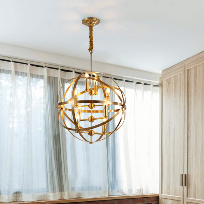 8 Bulbs Chandelier Lamp Traditional Candelabra Metallic Hanging Ceiling Light in Gold with Globe Wire Cage