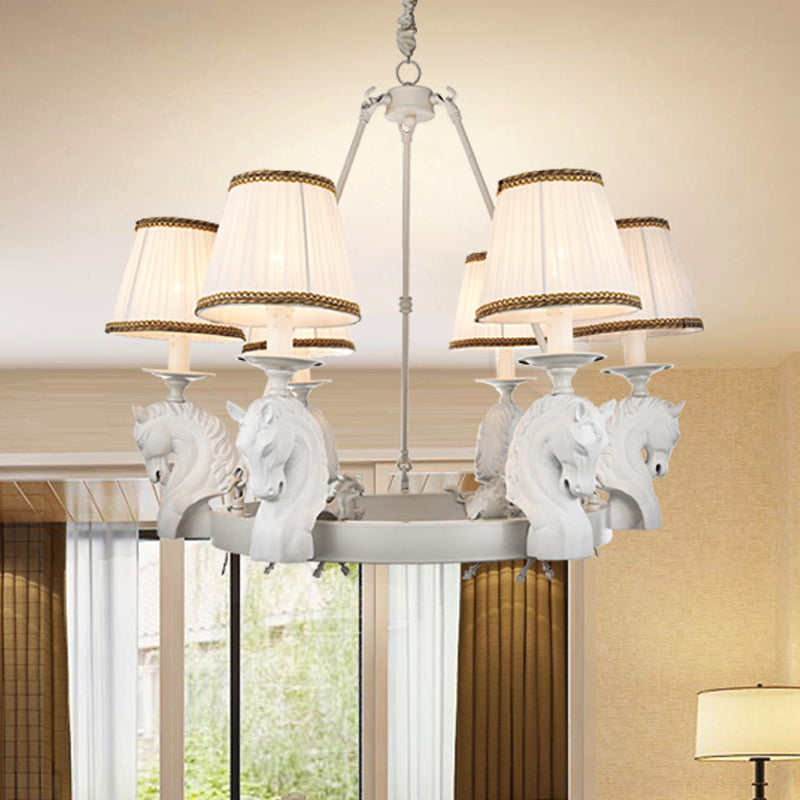 Tapered Fabric Chandelier Light Fixture Country 6 Heads Living Room Pendant Lamp in White/Bronze with Metal Horse Head Design