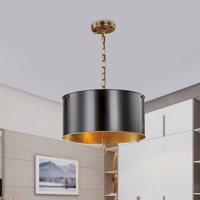 Black 1 Bulb Pendant Light Kit Traditional Metallic Drum Shade Hanging Lamp for Living Room