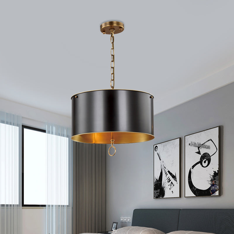 Black 1 Bulb Pendant Light Kit Traditional Metallic Drum Shade Hanging Lamp for Living Room