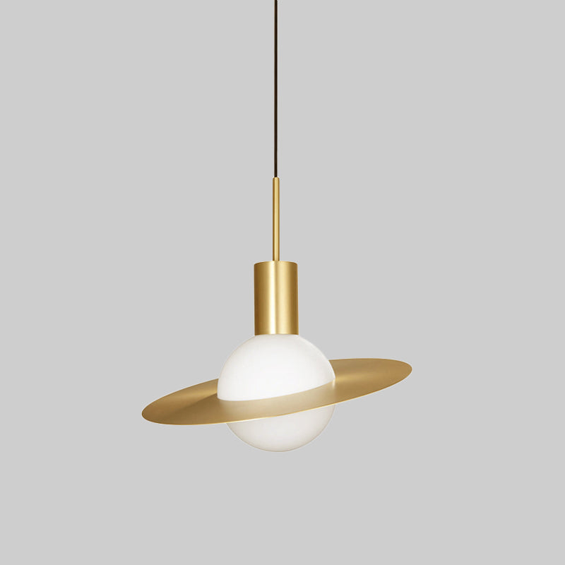 Gold Planetoid Hanging Light Kit Postmodern Single Opaline Glass Ceiling Pendant over Table