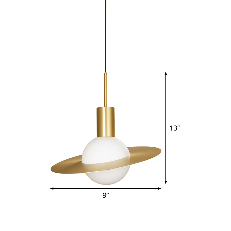 Gold Planetoid Hanging Light Kit Postmodern Single Opaline Glass Ceiling Pendant over Table