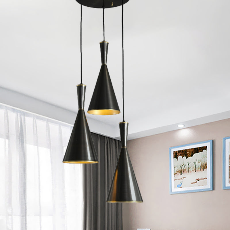 Black/Gold Finish Cluster Horn Pendant Antiqued Metal 3 Lights Kitchen Hanging Lamp with Round/Linear Canopy