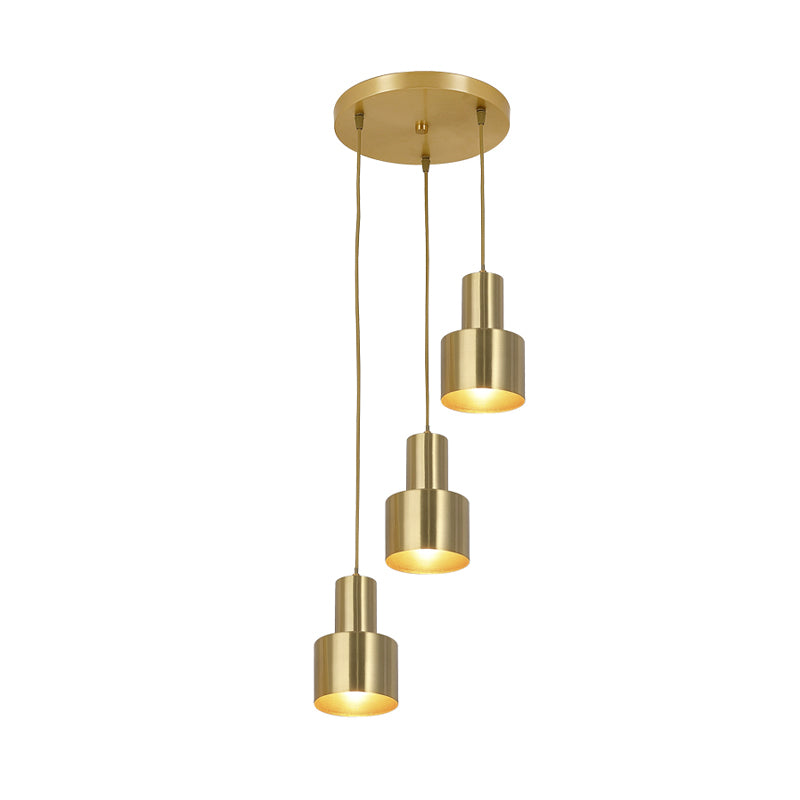 Metalen cilinder suspensie lamp Colonial 3 lichten keukencluster hanglamp in goud met lineaire/ronde luifel