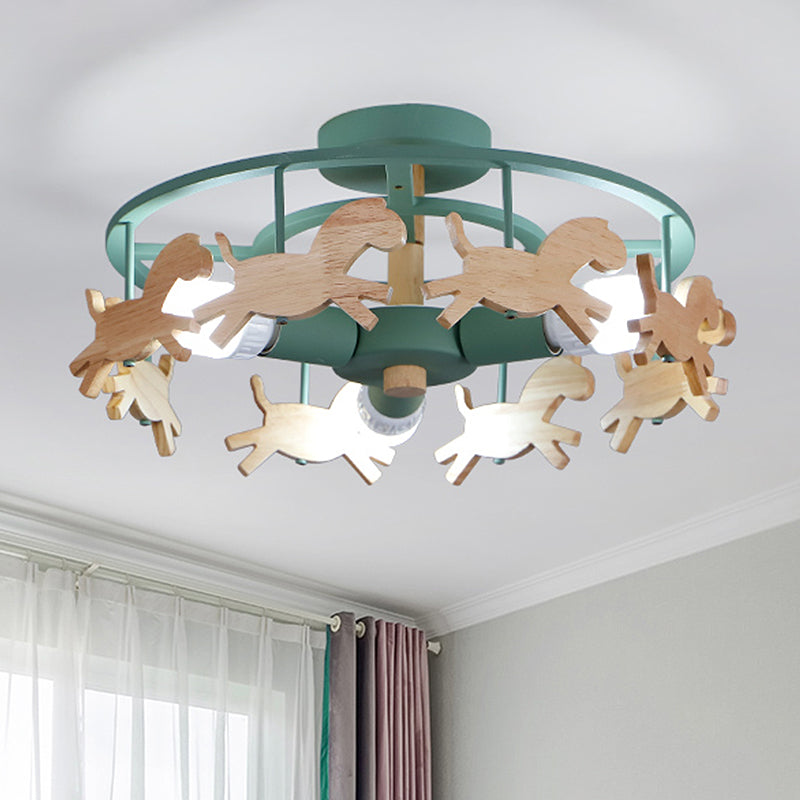 Iron Round Semi-Flush Ceiling Light Macaroon 3-Bulb Grey/White/Green Flush Mount Lamp with Wooden Horse Design