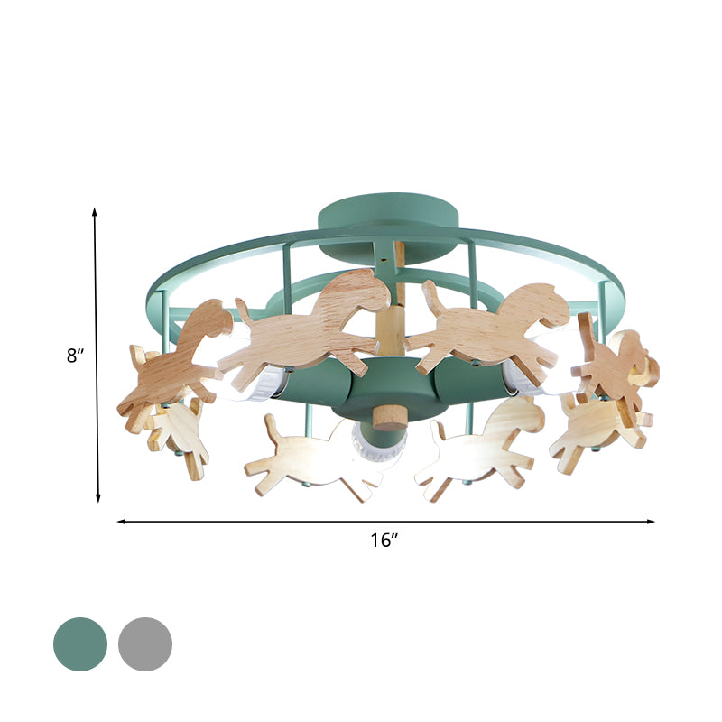 Lámpara de techo de semi-semi-flush de hierro ronda 3 bombas gris/blanca/lámpara de montaje de al ras/verde con diseño de caballos de madera