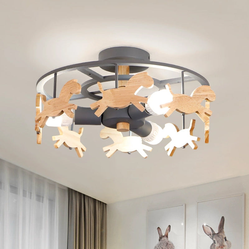 IJzeren ronde semi-flush plafondlicht macaroon 3-bulb grijs/wit/groene spoelmontage lamp met houten paardenontwerp