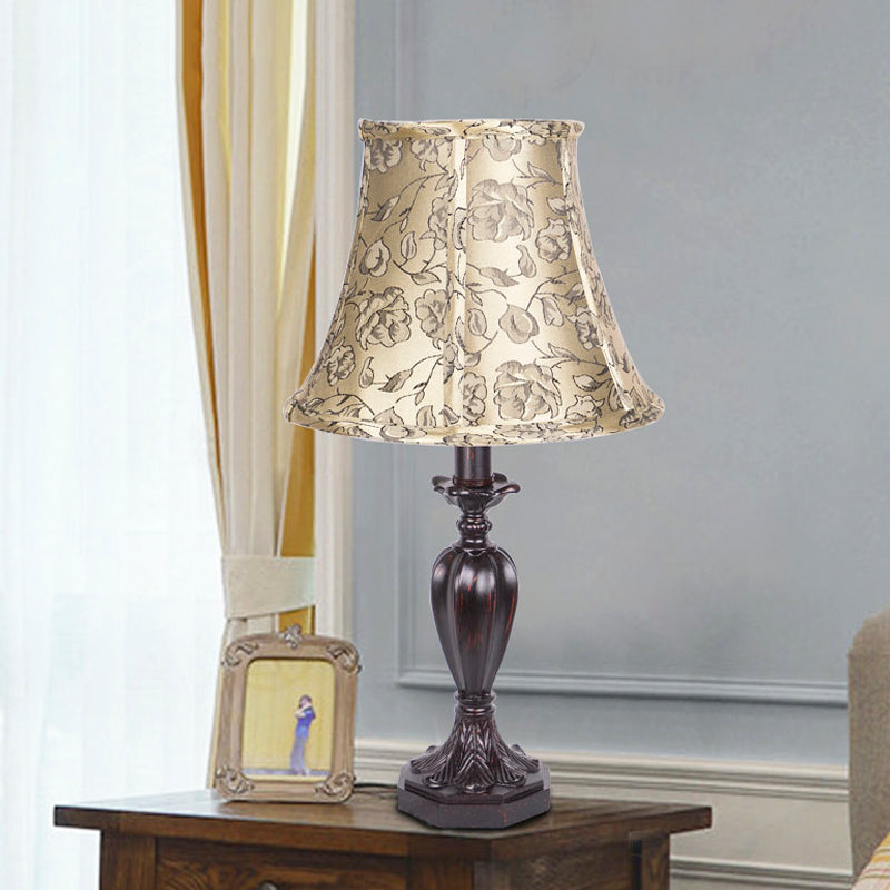 Fabric Beige Nightstand Lamp Bell Shade 1 Light Antiqued Flower Patterned Table Light with Resin Font Design