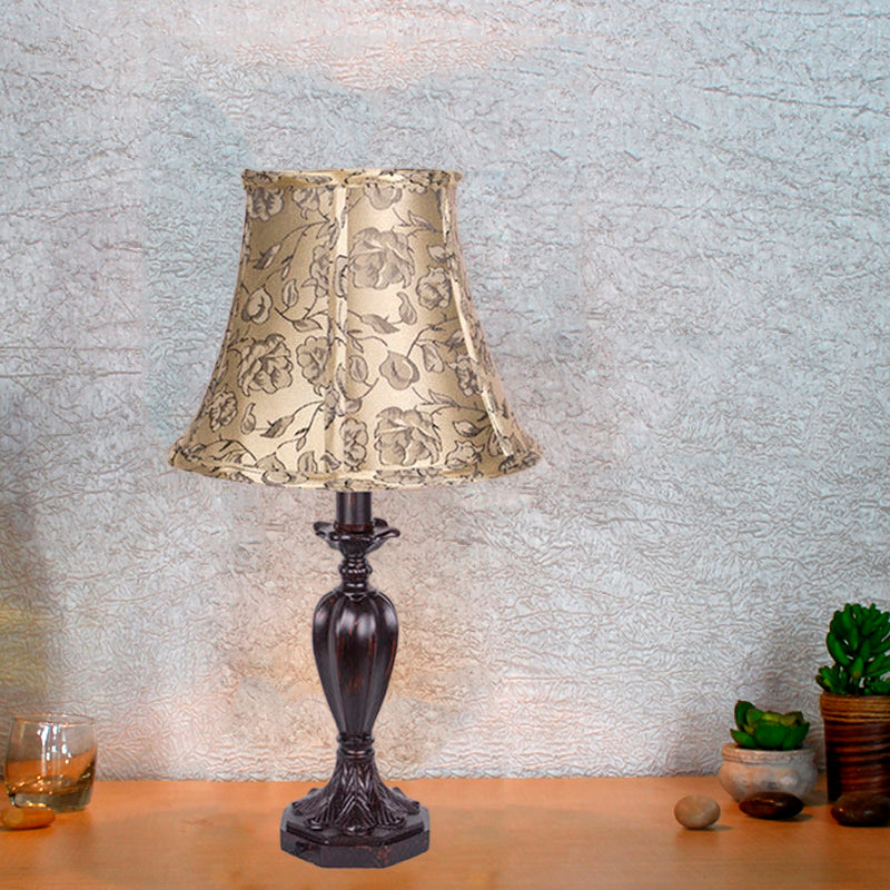 Fabric Beige Nightstand Lamp Bell Shade 1 Light Antiqued Flower Patterned Table Light with Resin Font Design