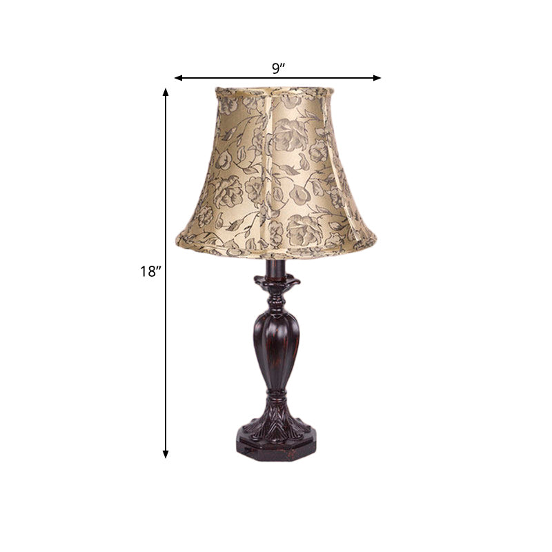 Fabric Beige Nightstand Lamp Bell Shade 1 Light Antiqued Flower Patterned Table Light with Resin Font Design